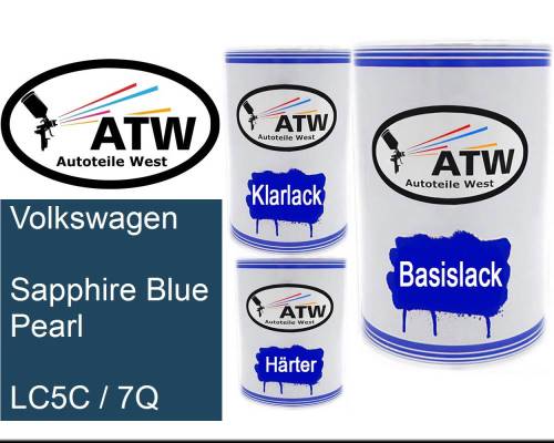 Volkswagen, Sapphire Blue Pearl, LC5C / 7Q: 500ml Lackdose + 500ml Klarlack + 250ml Härter - Set, von ATW Autoteile West.